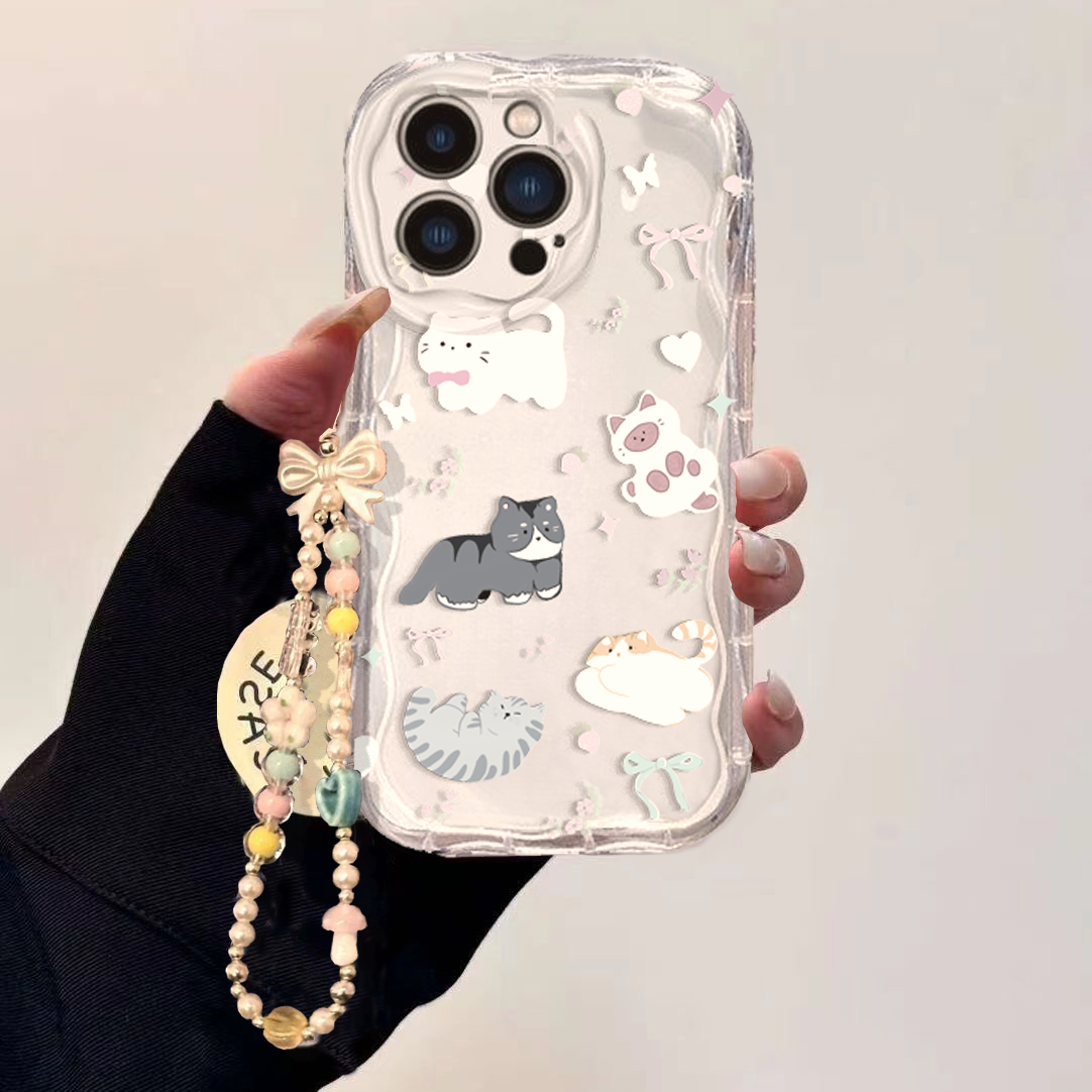 Cute Cat Bow Wrist Chain Case  - Cute Cartoon Wrist Strap Silicone Case 评论和价格
